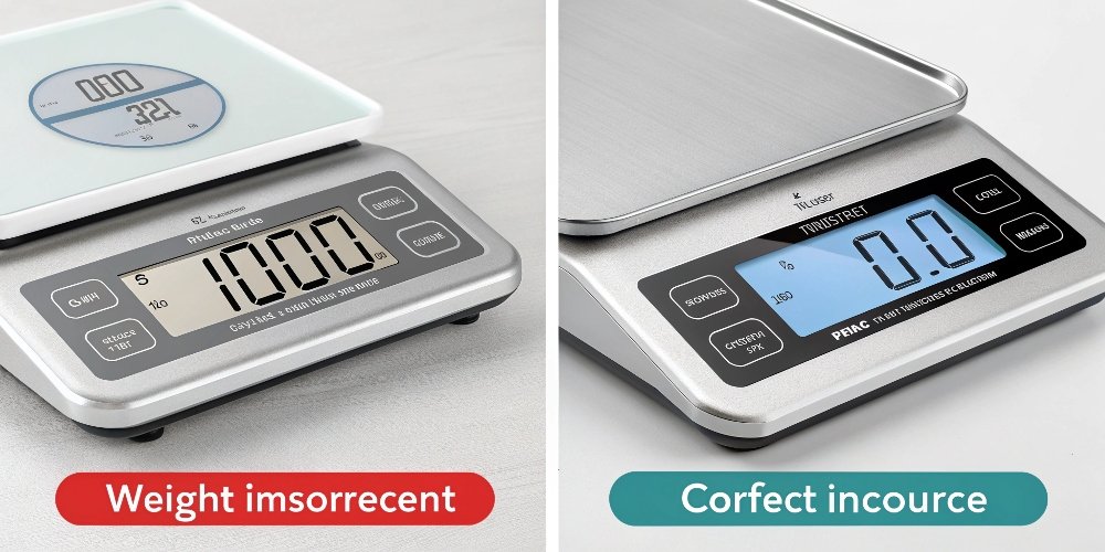 A split image showing a scale with an incorrect reading on the left and a correct reading on the right