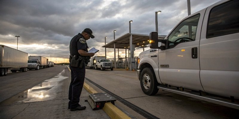 Truck Inspection law enforcement officer inspecting a truck