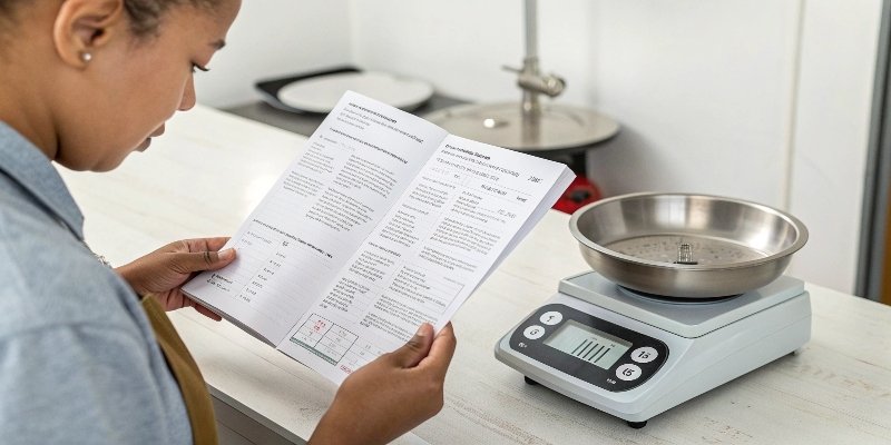 A person calibrating their own scale using the user manual. A person looking at the user manual for a digital scale