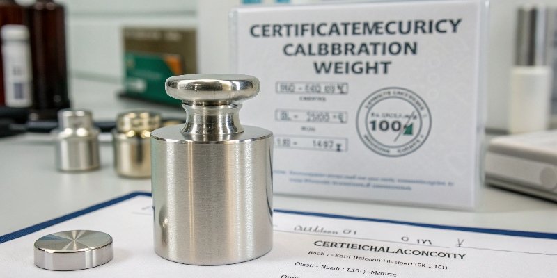 M1 Class Calibration Weight with Certificate A close-up of a 100g M1 class calibration weight with its certificate of accuracy in the background.