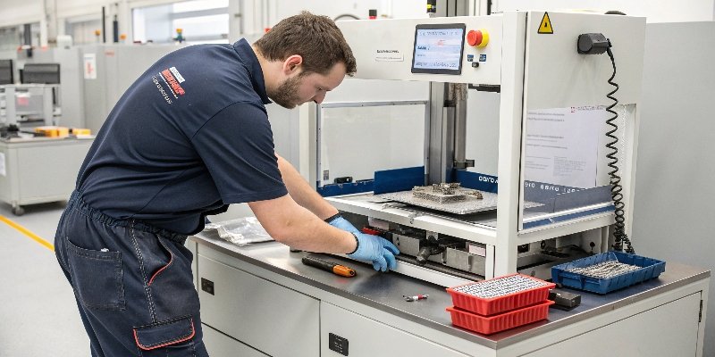 A technician performing maintenance on a packing scale machine