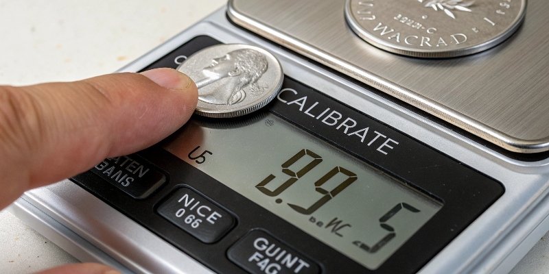 Entering calibration mode on a digital scale Close-up of a finger pressing the 'Calibrate' button on a digital scale
