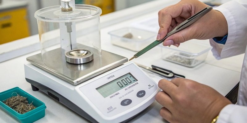 Steps for Calibrating a Weighing Scale A close-up of a person using tweezers to place a calibration weight on a scale
