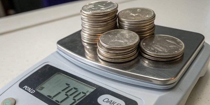 Using multiple nickels for calibration A stack of four nickels on a digital scale platform