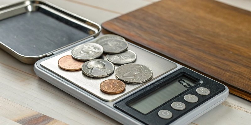 Calibrating a digital scale with various coins A collection of U.S. coins like nickels, pennies, and quarters next to a small scale