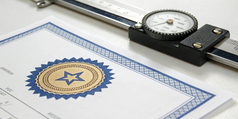 A calibration certificate with a NIST logo and a precision scale