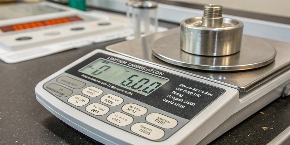 Digital Scale Readability vs Accuracy A close-up of a digital scale display showing multiple decimal places, with a certified calibration weight sitting on the platform in the background.