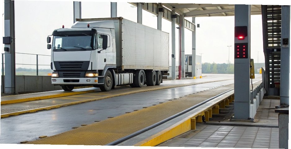 A truck on a weighbridge with digital readouts in the background