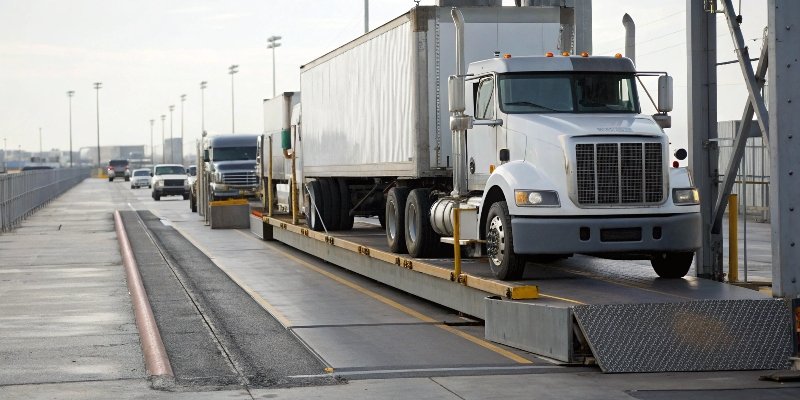 Truck on a Weigh Scale A truck being weighed on an industrial truck scale at a weigh station.
