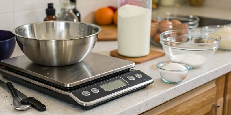 Unreliable Digital Scale A digital kitchen scale showing an unstable reading on a kitchen counter.