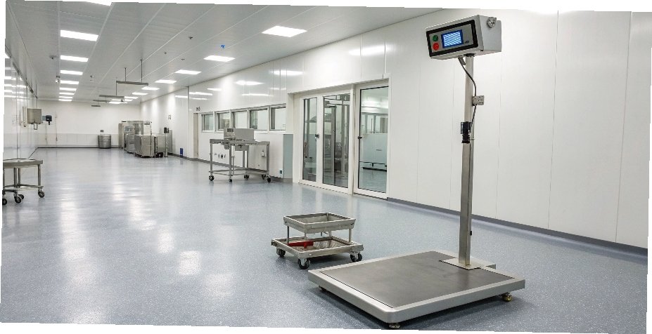 alt text: A modern industrial scale in a clean, controlled factory environment, showing stable readings.