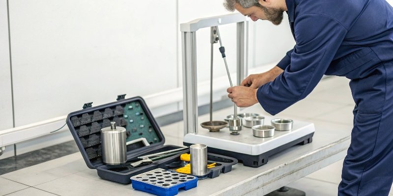 Scale Calibration and Linearity A technician calibrating an industrial scale with certified weights in a clean environment