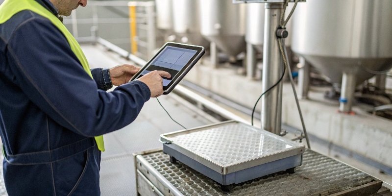 Best Industrial Bluetooth Scale A worker using an industrial Bluetooth scale connected to a tablet