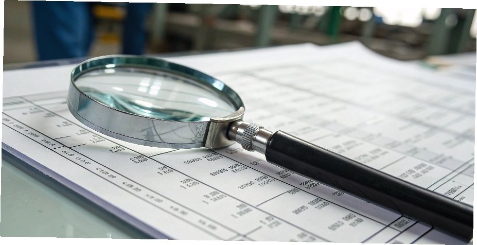 Prioritizing Scale Technical Specifications A magnifying glass hovering over the technical specifications sheet of an industrial scale