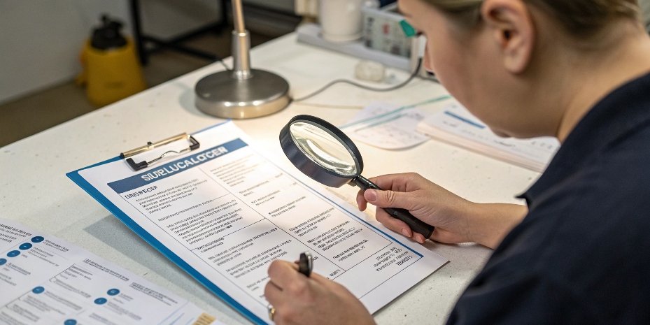 Decoding a Weighing Scale Spec Sheet A person closely examining a weighing scale specification sheet with a magnifying glass.