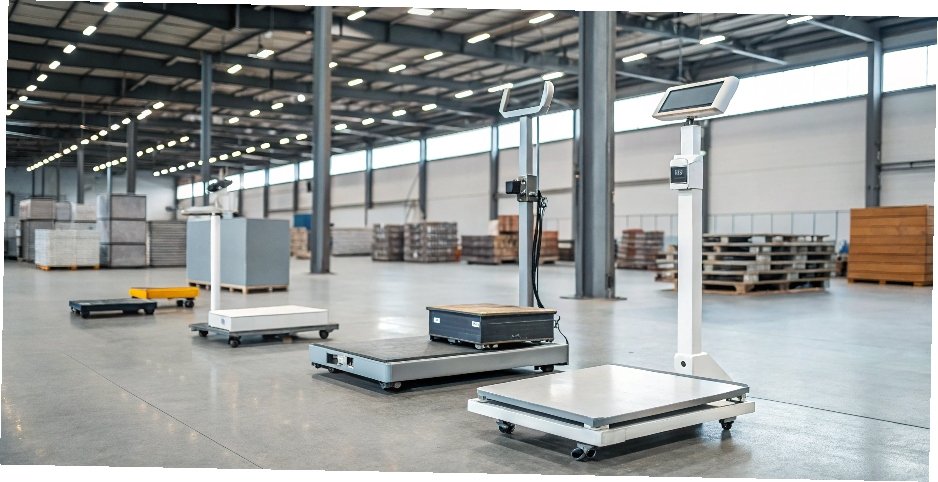 A variety of industrial weighing scales in a modern warehouse setting.