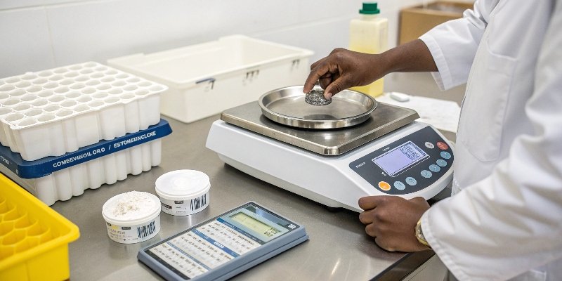 Digital Scale Calibration A person calibrating a digital scale with a precision weight.