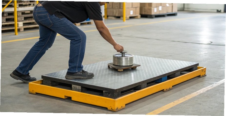 Testing a Scale's Accuracy A person placing a certified calibration weight on an industrial floor scale.
