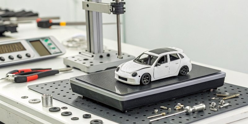 Precision Weighing for Models A high-precision electronic scale measuring a small miniature car part.