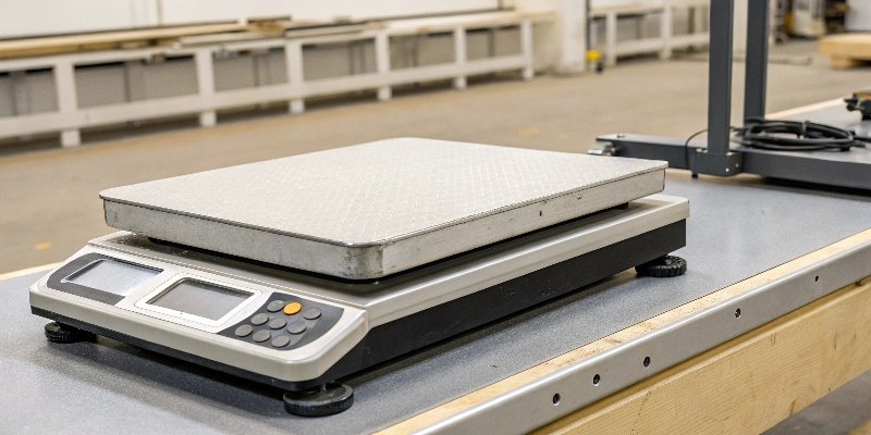 A digital industrial scale on a workbench.