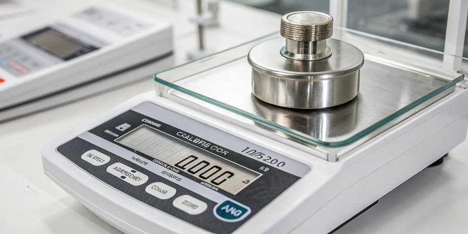 Standard Test Weight on a Scale A close-up of a standard calibration weight on a high-precision laboratory scale.