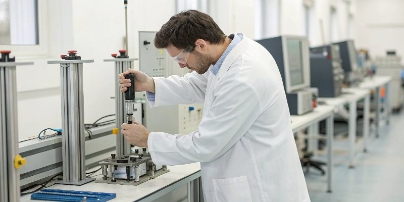 A professional technician calibrating industrial testing equipment in a clean lab environment.