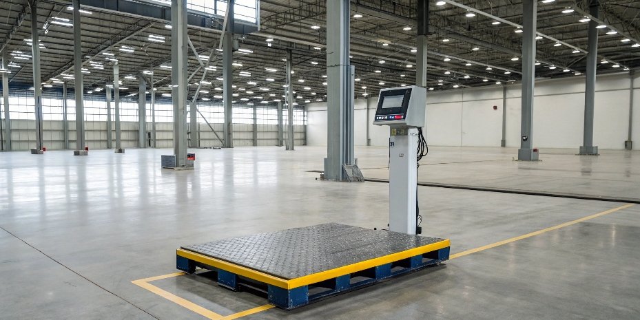 Industrial Floor Scale Not Working An industrial floor scale in a warehouse with an error message on the display