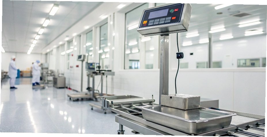 Regulatory Requirements for Industrial Scale Accuracy An industrial scale displaying a reading in a clean, modern pharmaceutical or food production facility.