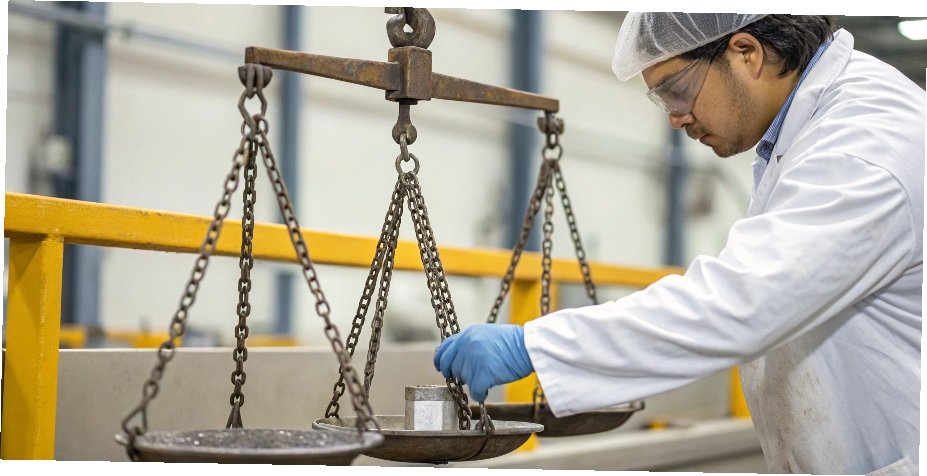 Calibrating an industrial scale A technician calibrating an industrial scale with precision weights