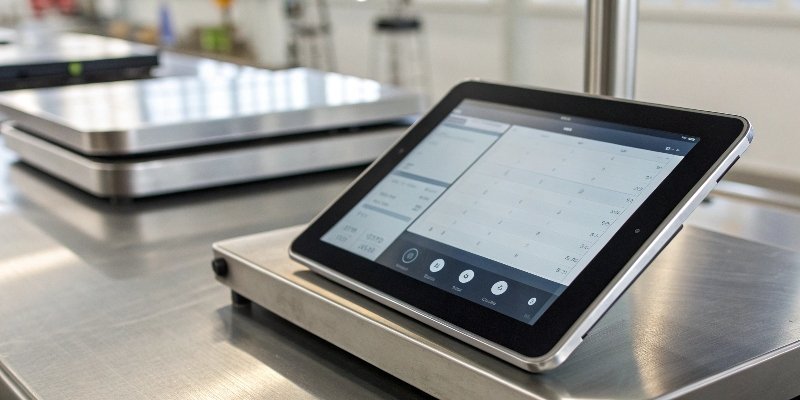 Android Weight Measurement An Android tablet displaying real-time weight data from a connected industrial platform scale.