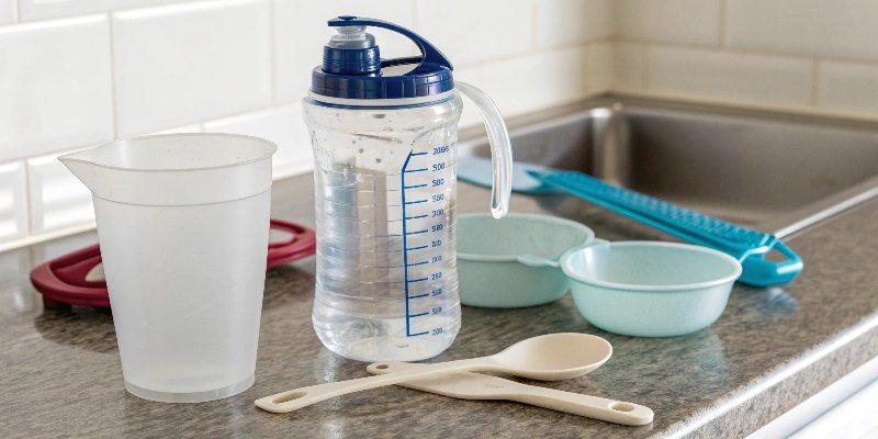 A collection of household items like a water bottle, spoon, and cup used for measuring.