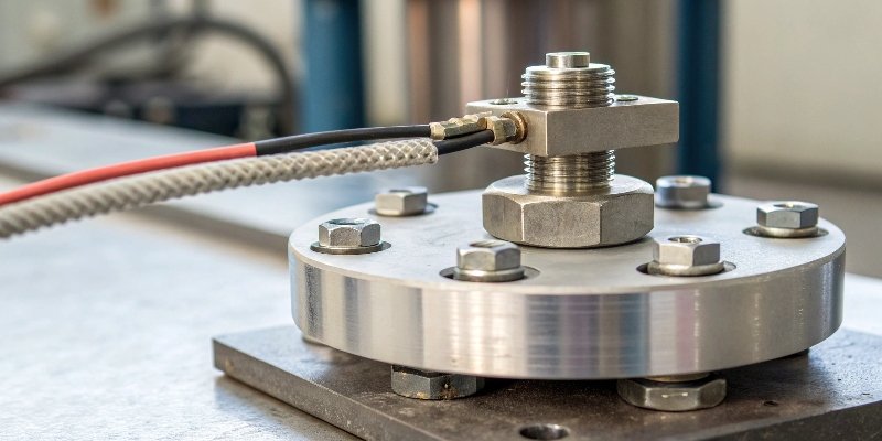 Industrial Load Cell Mechanism A close-up view of an industrial strain gauge load cell