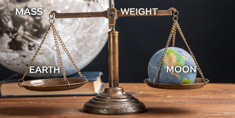 Illustration of mass vs weight on Earth and Moon