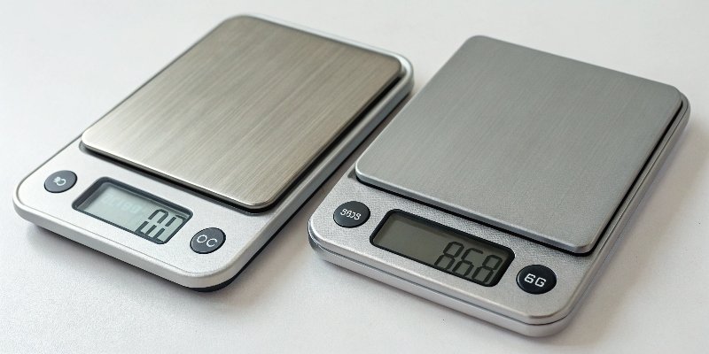 A digital scale showing an accurate weight of 100.0g next to another scale showing a precise but inaccurate weight of 98.5g.