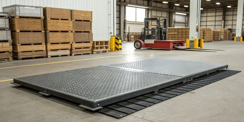 An industrial floor scale in a warehouse setting