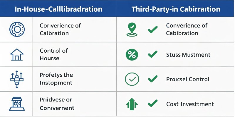 Pros and Cons of Calibration Methods An image showing a flowchart with two paths: 'In-House Calibration' and 'Third-Party Calibration', listing their respective pros and cons.