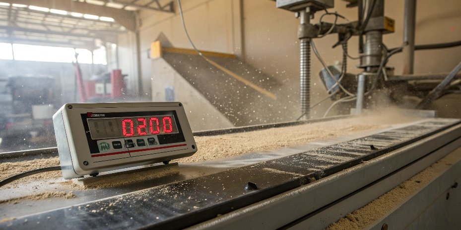 A close-up shot of a scale's display showing a clear reading in a dusty industrial environment.