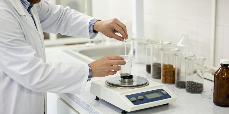 Tare Function in Use A scientist using the tare function on a lab balance