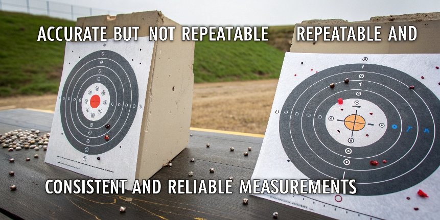 Accuracy vs. Repeatability Diagram An illustration showing two targets: one with accurate but not repeatable shots, the other with both accurate and repeatable shots.