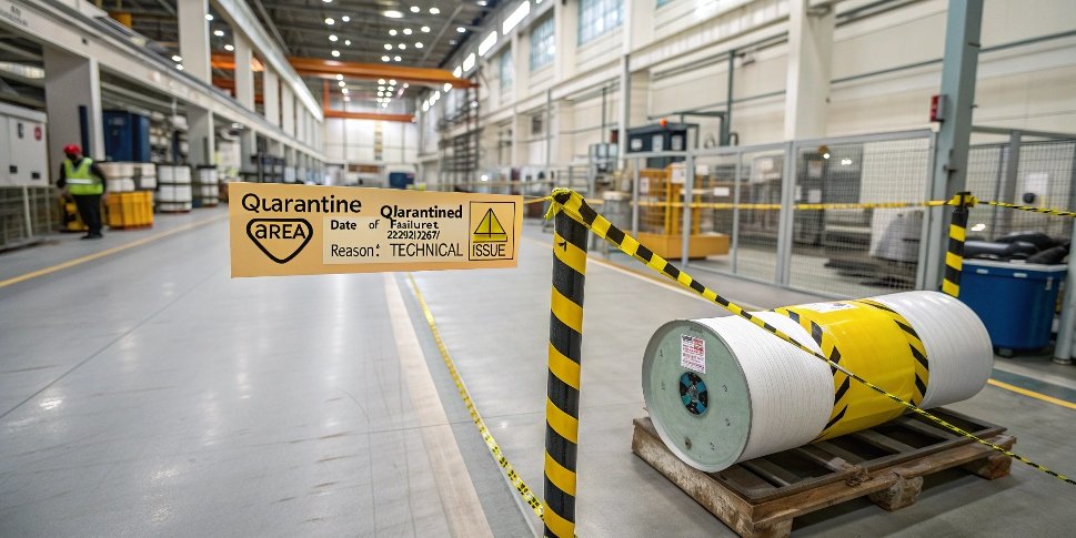Instrument Quarantine Area A taped-off area on a factory floor labeled "QUARANTINE AREA"
