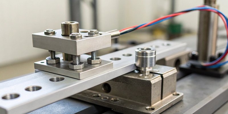 A close-up view of a weighing scale's sensor and load cell