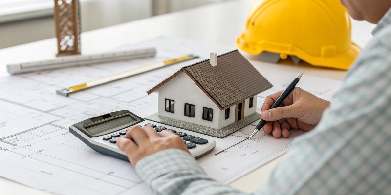 Calculating Model Weight A person using a calculator with a miniature model and a blueprint in the background.