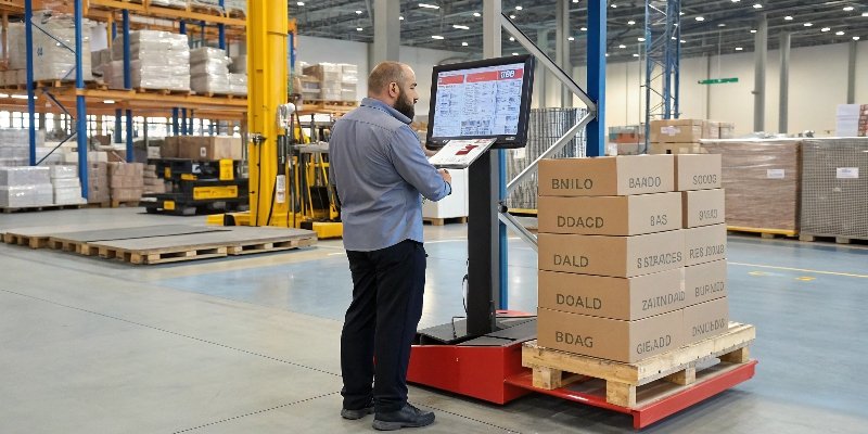 A warehouse manager inspecting a pallet scale's display screen