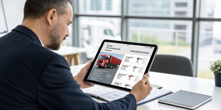 Reviewing Truck Scale Specifications A manager reviewing truck scale specifications on a tablet