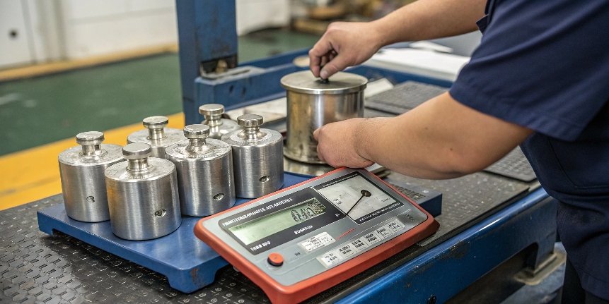 A technician placing certified calibration weights on an industrial scale