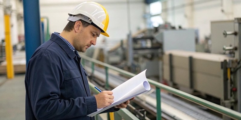 Risks of a Failed Audit An auditor reviewing paperwork next to manufacturing equipment.