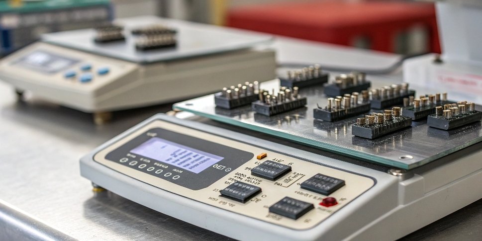 Counting Lightweight Components Close-up shot of very small electronic components on a counting scale's platform.