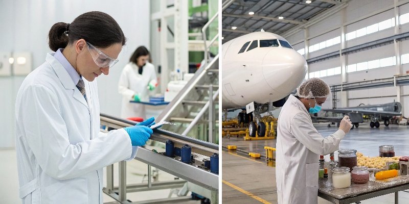 Industries Requiring NIST Calibration A collage of different industries: a pharmaceutical lab, a food processing plant, and a jewelry workshop.