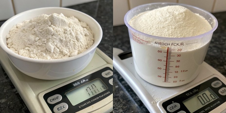 Weight vs Volume Measurement Accuracy A side-by-side comparison of a cup of packed flour versus a cup of sifted flour on two scales showing different weights