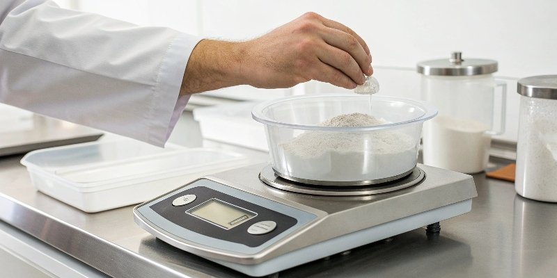 Correcting drift after taring A hand pressing the Zero button on a scale that already has a container on it